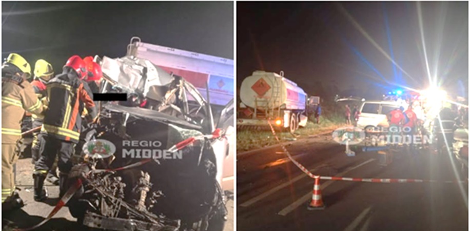 Zware aanrijding Noah en olietanker op Highway