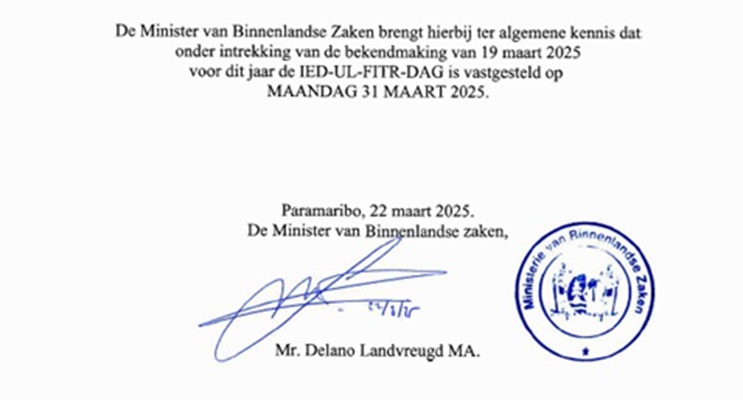 Nationale vrije dag Ied-Ul-Fitre toch naar 31 maart