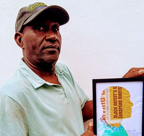 Simson maakt papieren portret van Paul in miami